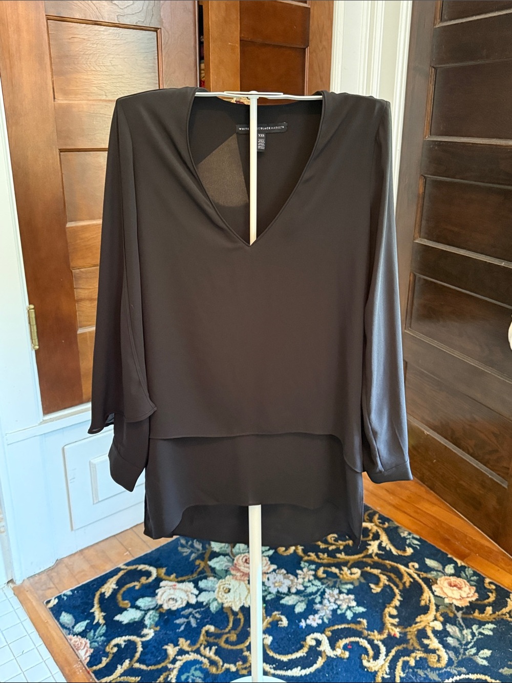 White House Black Market Black Layered V-Neck Blouse worn once- excellent shape.